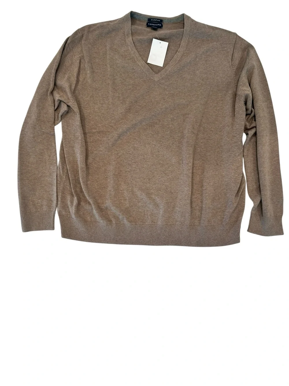 New Lands End Taupe V Neck Supima Cotton Lightweight Knit Sweater XXL